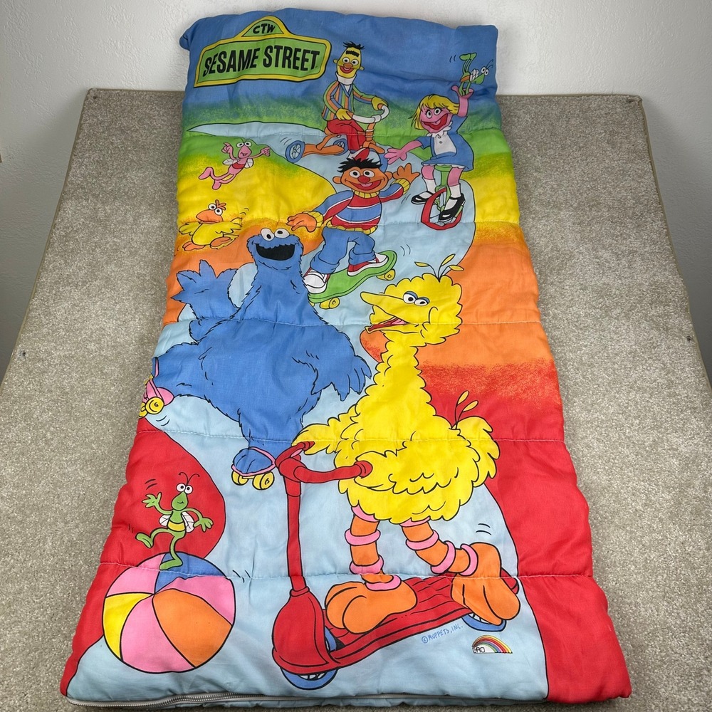 Vintage Sesame Street Kid Sleeping Bag Big Bird Cookie Monster Rainbow Retro 90s